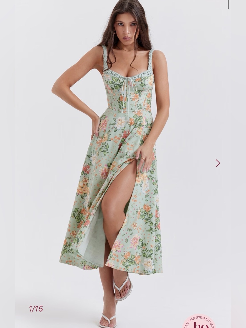 House of CB Pistachio Floral Corset Maxi Dress with Thigh Slit